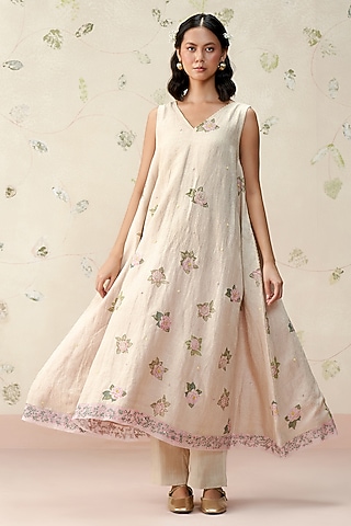 Beige Pure Linen Hand Embroidered A-Line Kurta Set by AAMRASS