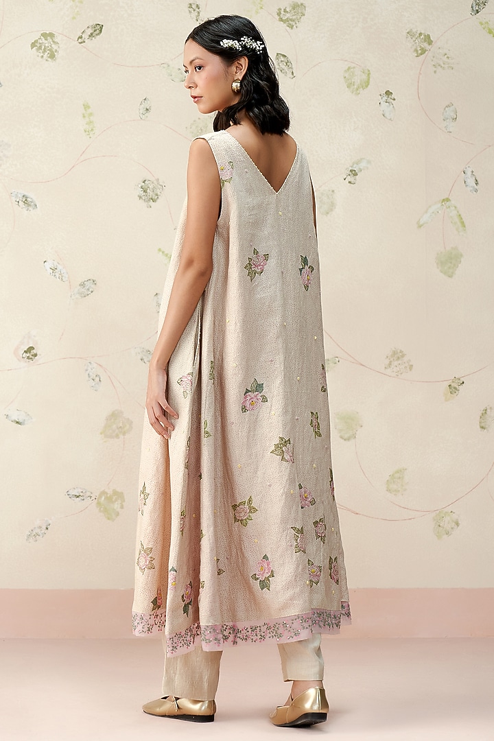 Beige Pure Linen Hand Embroidered A-Line Kurta Set by AAMRASS at Pernia's Pop Up Shop