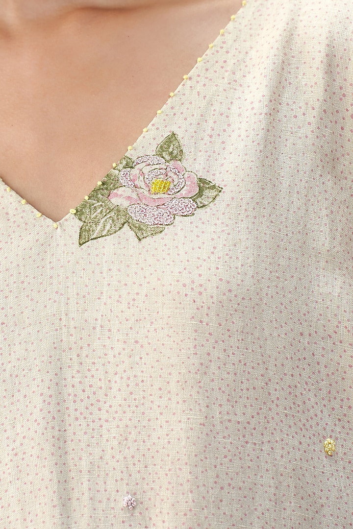 Beige Pure Linen Hand Embroidered A-Line Kurta Set by AAMRASS at Pernia's Pop Up Shop