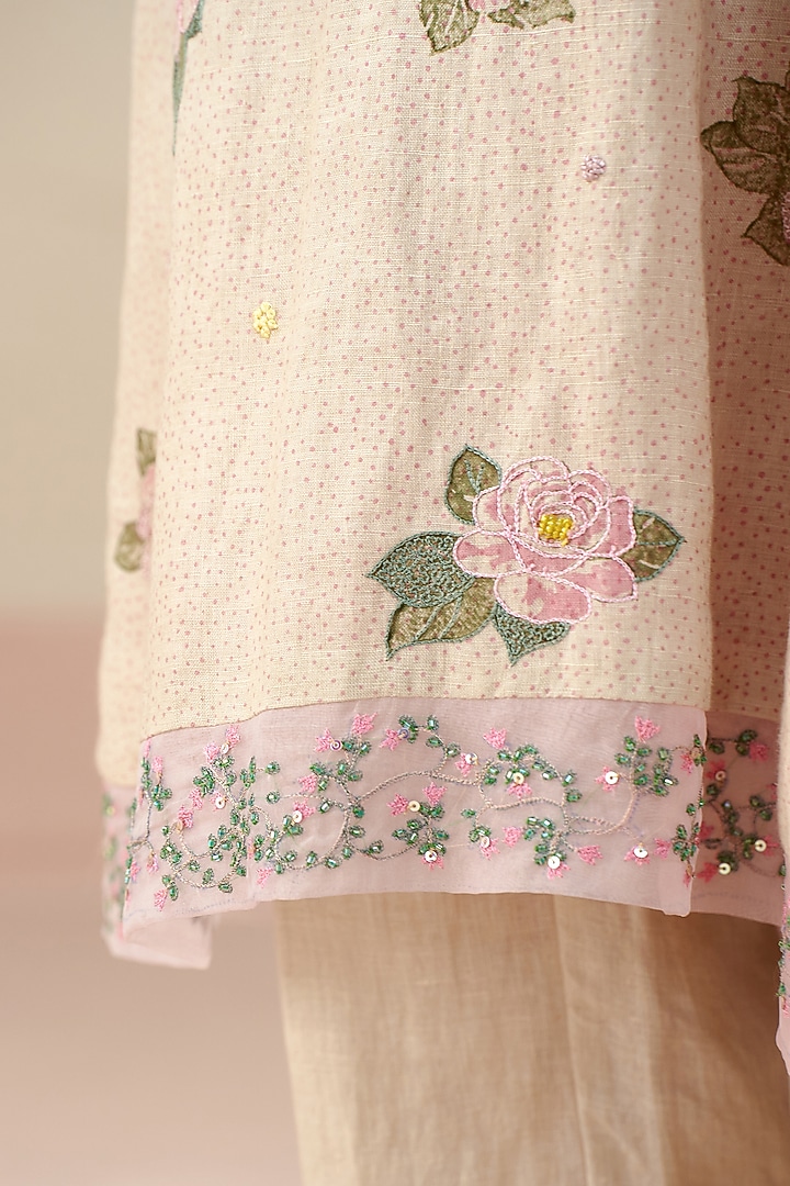 Beige Pure Linen Hand Embroidered A-Line Kurta Set by AAMRASS at Pernia's Pop Up Shop