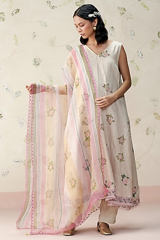 Baby Pink Silk Organza Block Printed Dupatta by AAMRASS