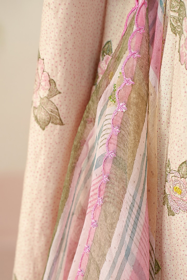 Baby Pink Silk Organza Block Printed Dupatta by AAMRASS at Pernia's Pop Up Shop