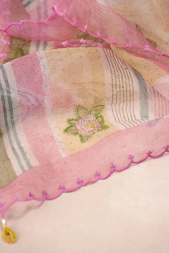 Baby Pink Silk Organza Block Printed Dupatta by AAMRASS at Pernia's Pop Up Shop