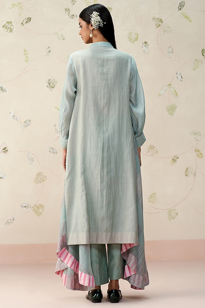 English Blue Mul Chanderi Hand Embroidered Kurta Set by AAMRASS at Pernia's Pop Up Shop