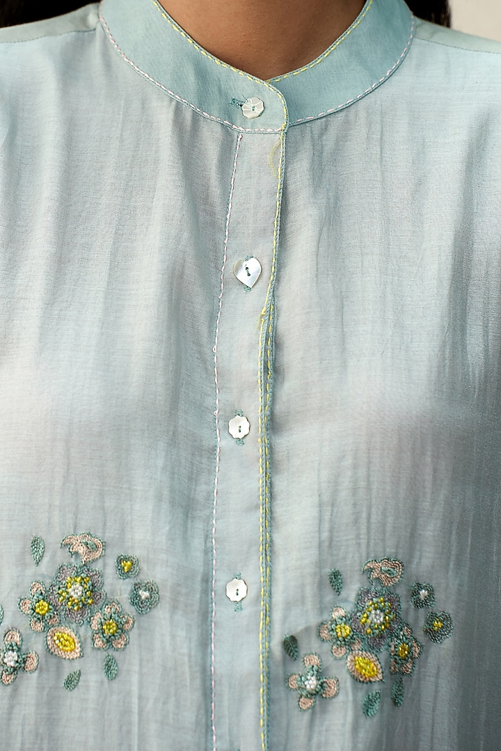 English Blue Mul Chanderi Hand Embroidered Kurta Set by AAMRASS at Pernia's Pop Up Shop