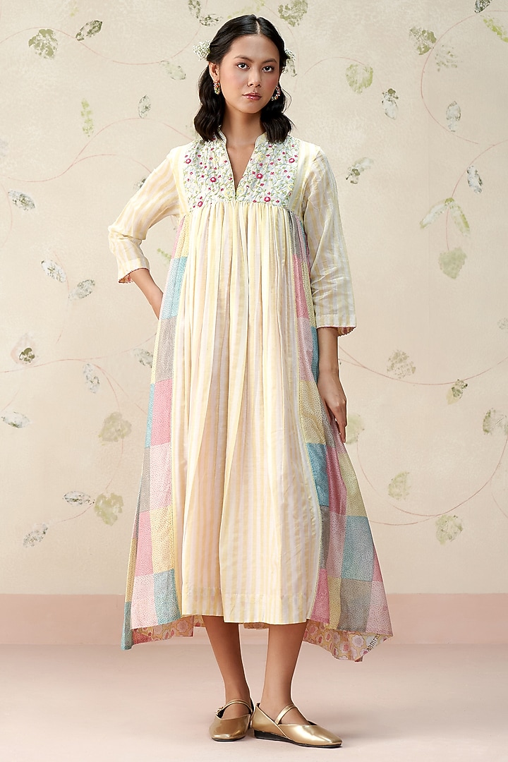 Ivory Chanderi Hand Block Printed Vacation Dress by AAMRASS at Pernia's Pop Up Shop