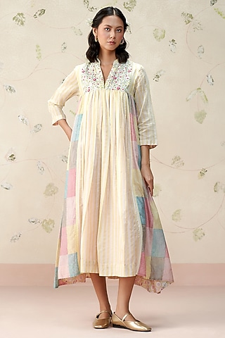 Ivory Chanderi Hand Block Printed Dress by AAMRASS