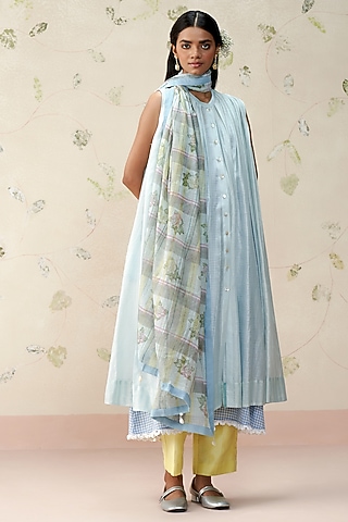 Sky Blue Mul Chanderi Kurta Set by AAMRASS