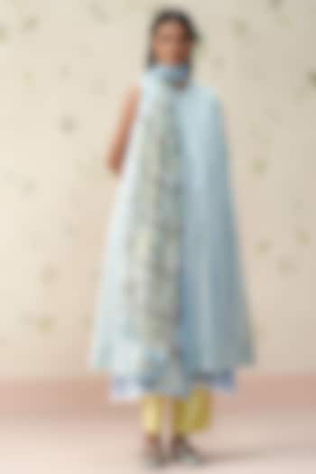Sky Blue Mul Chanderi Block Printed Dupatta by AAMRASS at Pernia's Pop Up Shop