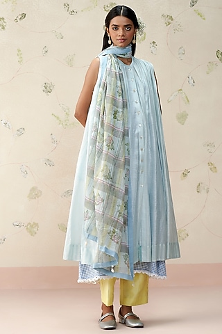Sky Blue Mul Chanderi Block Printed Dupatta by AAMRASS