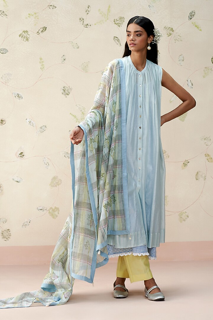 Sky Blue Mul Chanderi Block Printed Dupatta by AAMRASS at Pernia's Pop Up Shop