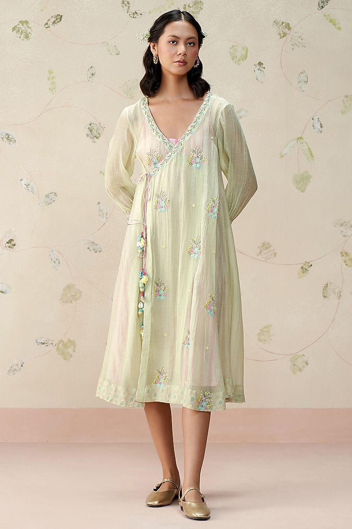 Sea Green Mul Chanderi Hand Embroidered Vacation Dress by AAMRASS at Pernia's Pop Up Shop