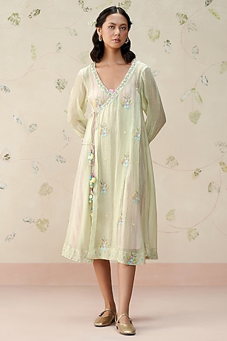 Sea Green Mul Chanderi Hand Embroidered Dress by AAMRASS