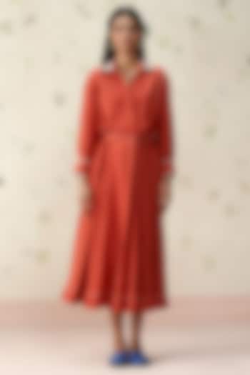 Brick Red Pure Linen Hand Embroidered Vacation Dress by AAMRASS at Pernia's Pop Up Shop