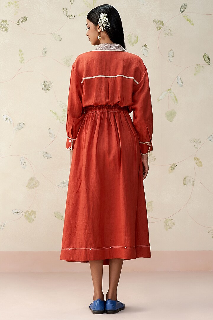 Brick Red Pure Linen Hand Embroidered Vacation Dress by AAMRASS at Pernia's Pop Up Shop