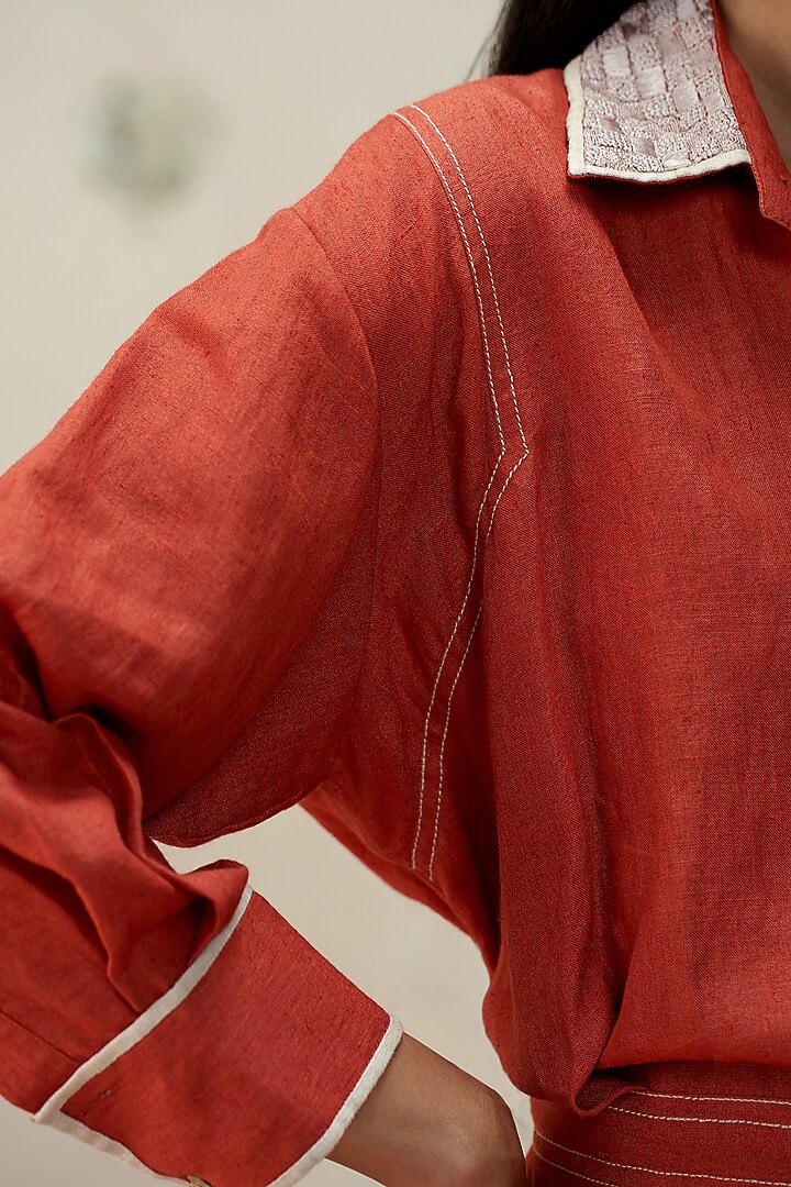 Brick Red Pure Linen Hand Embroidered Vacation Dress by AAMRASS at Pernia's Pop Up Shop