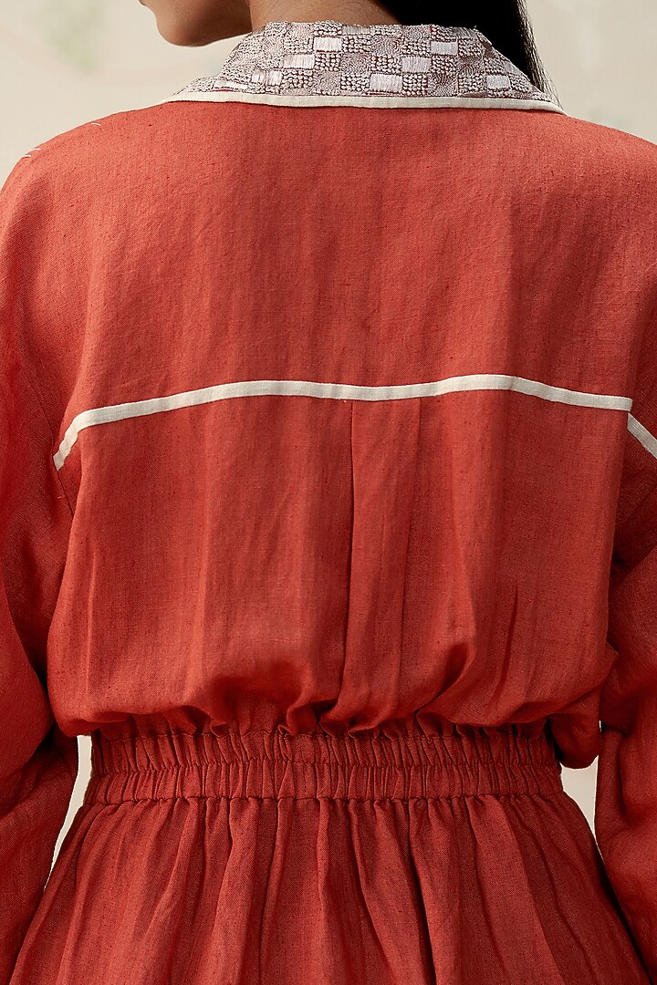 Brick Red Pure Linen Hand Embroidered Vacation Dress by AAMRASS at Pernia's Pop Up Shop
