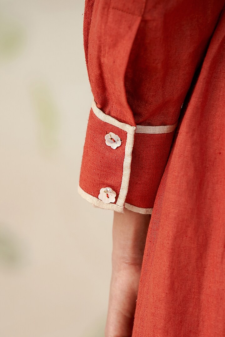 Brick Red Pure Linen Hand Embroidered Vacation Dress by AAMRASS at Pernia's Pop Up Shop