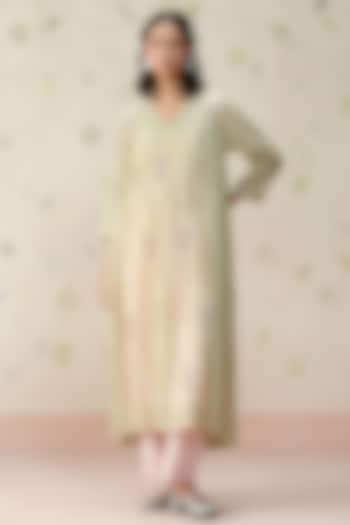 Sea Green Mul Chanderi Hand Block Printed Kurta Set by AAMRASS at Pernia's Pop Up Shop