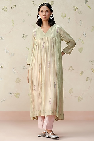 Sea Green Mul Chanderi Hand Block Printed Kurta Set by AAMRASS
