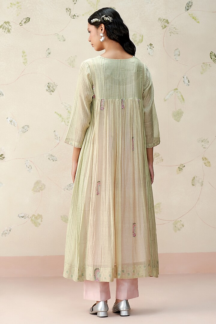 Sea Green Mul Chanderi Hand Block Printed Kurta Set by AAMRASS at Pernia's Pop Up Shop