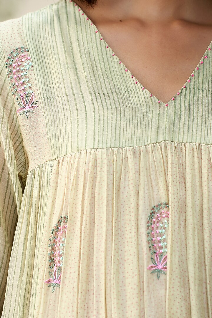 Sea Green Mul Chanderi Hand Block Printed Kurta Set by AAMRASS at Pernia's Pop Up Shop