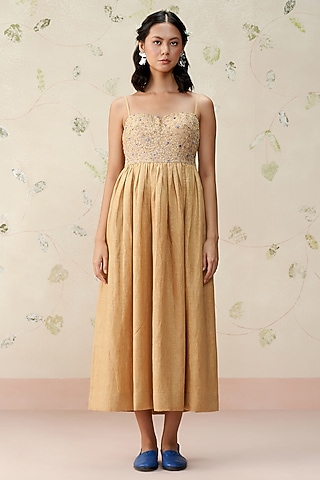 Dark Beige Pure Linen Hand Embroidered Midi Dress by AAMRASS