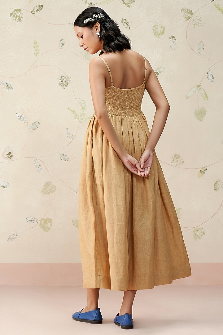 Dark Beige Pure Linen Hand Embroidered Midi Cocktail Dress by AAMRASS at Pernia's Pop Up Shop