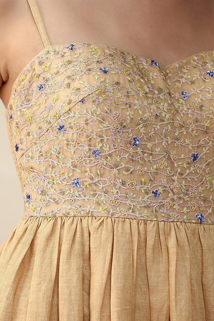 Dark Beige Pure Linen Hand Embroidered Midi Cocktail Dress by AAMRASS at Pernia's Pop Up Shop