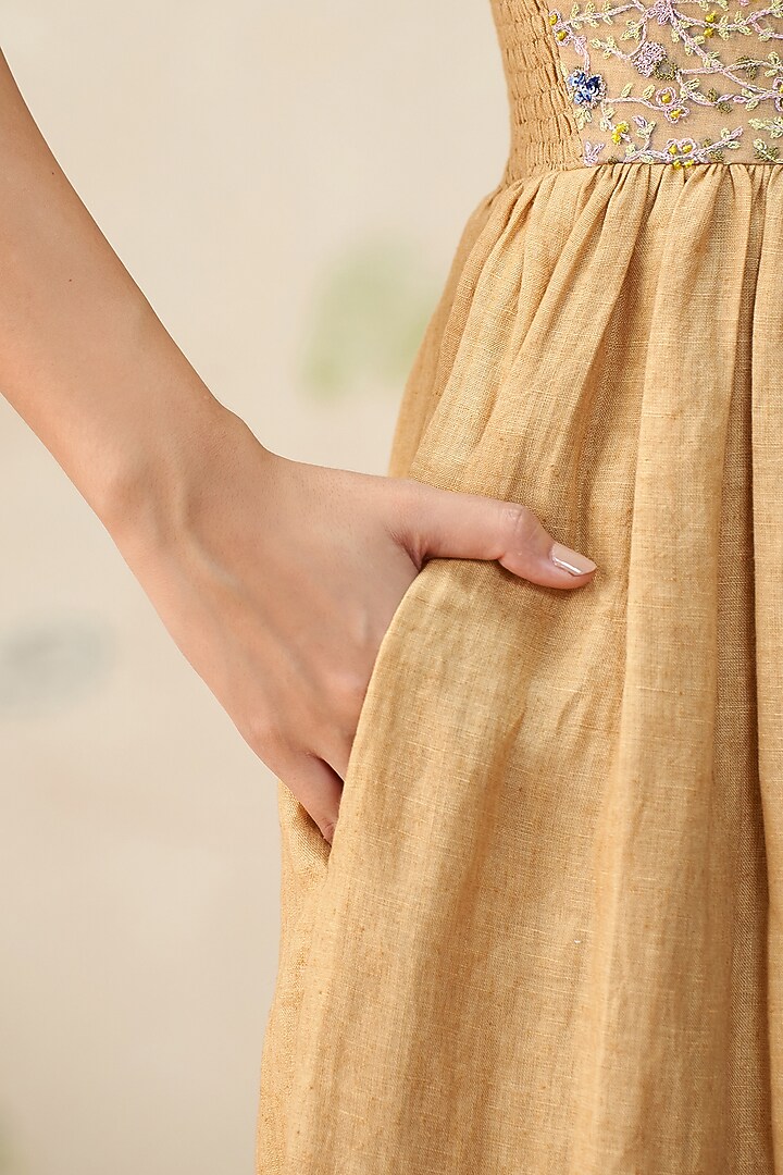Dark Beige Pure Linen Hand Embroidered Midi Cocktail Dress by AAMRASS at Pernia's Pop Up Shop
