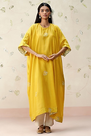 Marigold Yellow Chanderi Hand Embroidered Kaftan Tunic by AAMRASS
