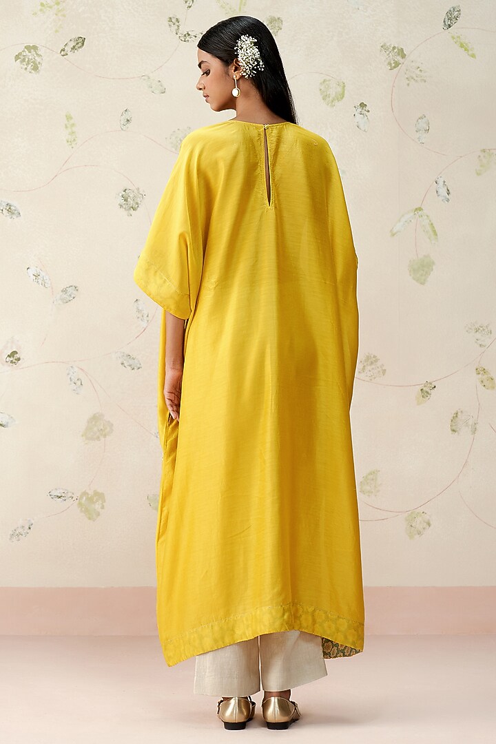 Marigold Yellow Chanderi Hand Embroidered Kaftan Tunic by AAMRASS at Pernia's Pop Up Shop