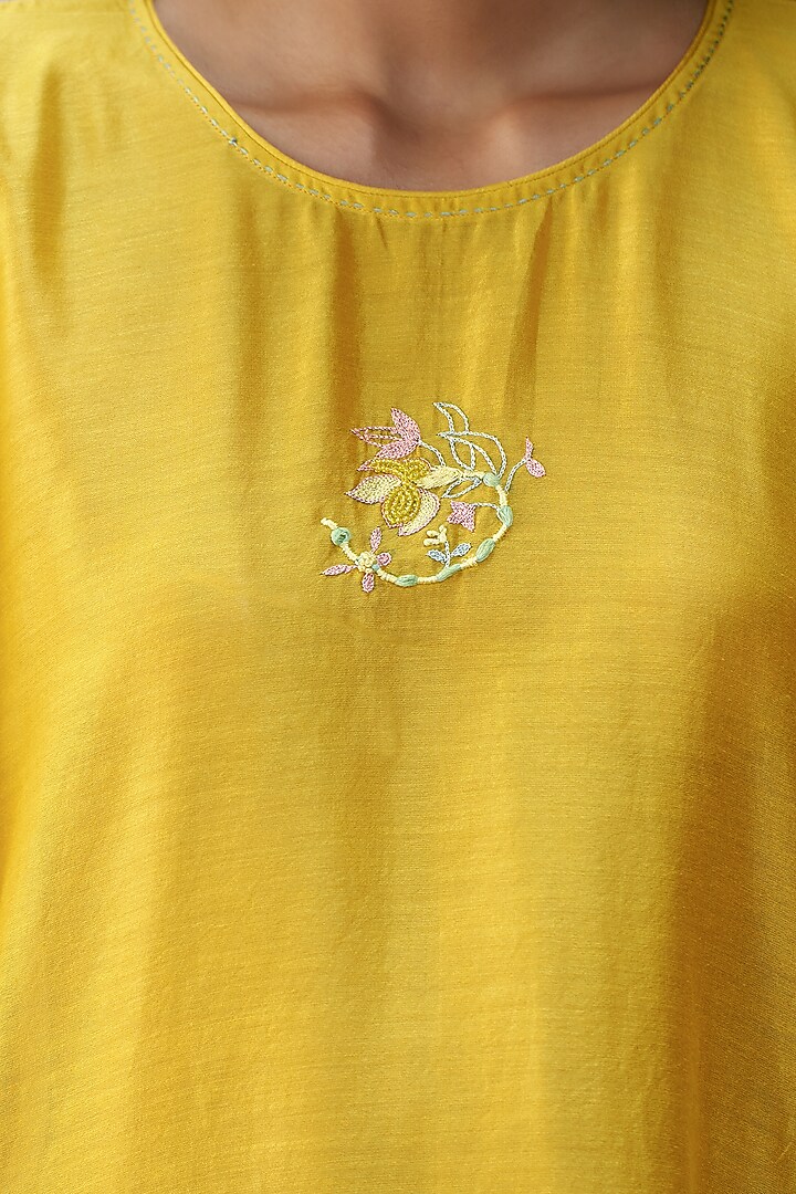 Marigold Yellow Chanderi Hand Embroidered Kaftan Tunic by AAMRASS at Pernia's Pop Up Shop