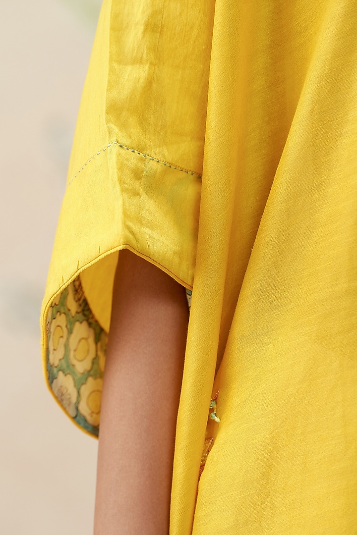 Marigold Yellow Chanderi Hand Embroidered Kaftan Tunic by AAMRASS at Pernia's Pop Up Shop