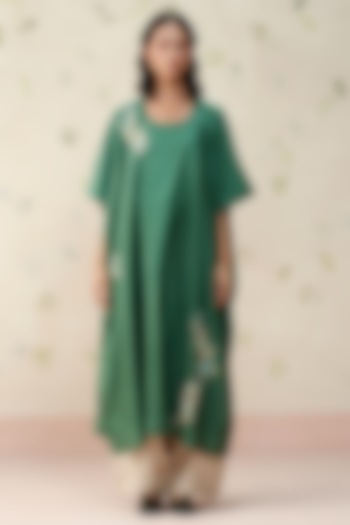 Turquoise Green Chanderi Hand Embroidered Kaftan Tunic by AAMRASS at Pernia's Pop Up Shop