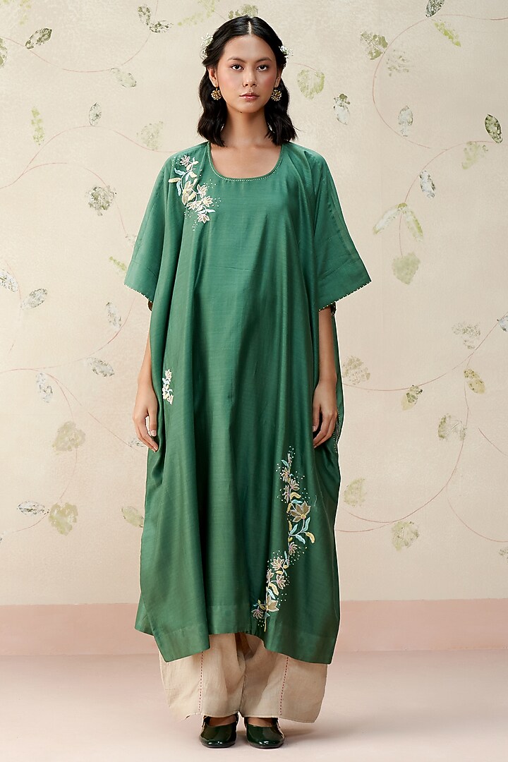 Turquoise Green Chanderi Hand Embroidered Kaftan Tunic by AAMRASS at Pernia's Pop Up Shop