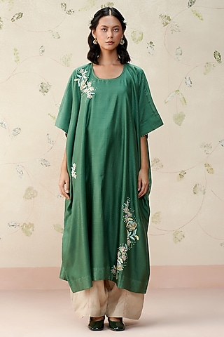 Turquoise Green Chanderi Hand Embroidered Kaftan Tunic by AAMRASS