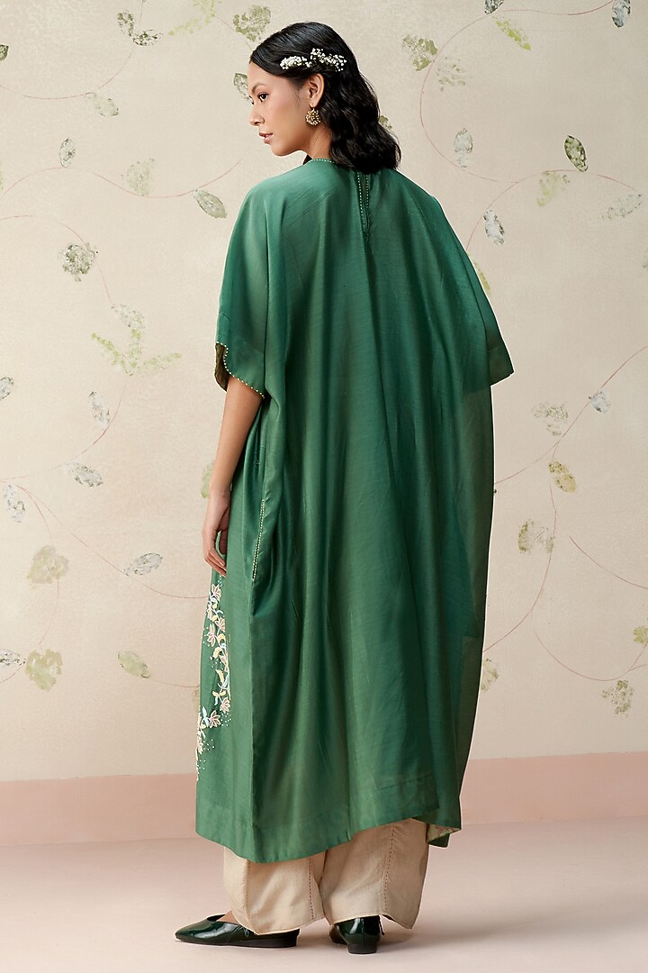 Turquoise Green Chanderi Hand Embroidered Kaftan Tunic by AAMRASS at Pernia's Pop Up Shop