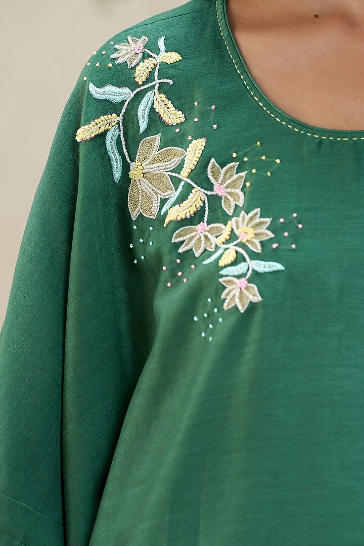 Turquoise Green Chanderi Hand Embroidered Kaftan Tunic by AAMRASS at Pernia's Pop Up Shop