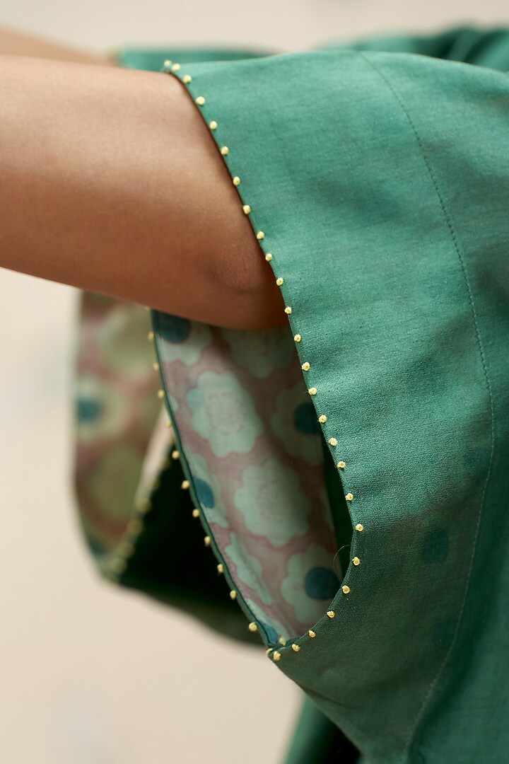 Turquoise Green Chanderi Hand Embroidered Kaftan Tunic by AAMRASS at Pernia's Pop Up Shop