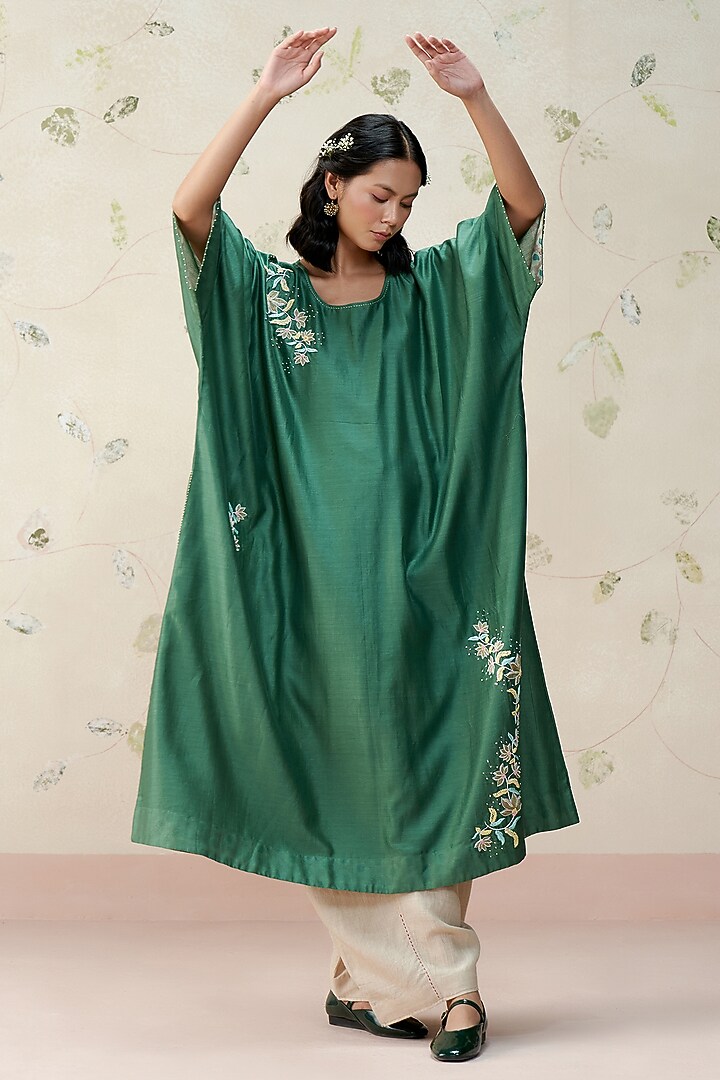 Turquoise Green Chanderi Hand Embroidered Kaftan Tunic by AAMRASS at Pernia's Pop Up Shop