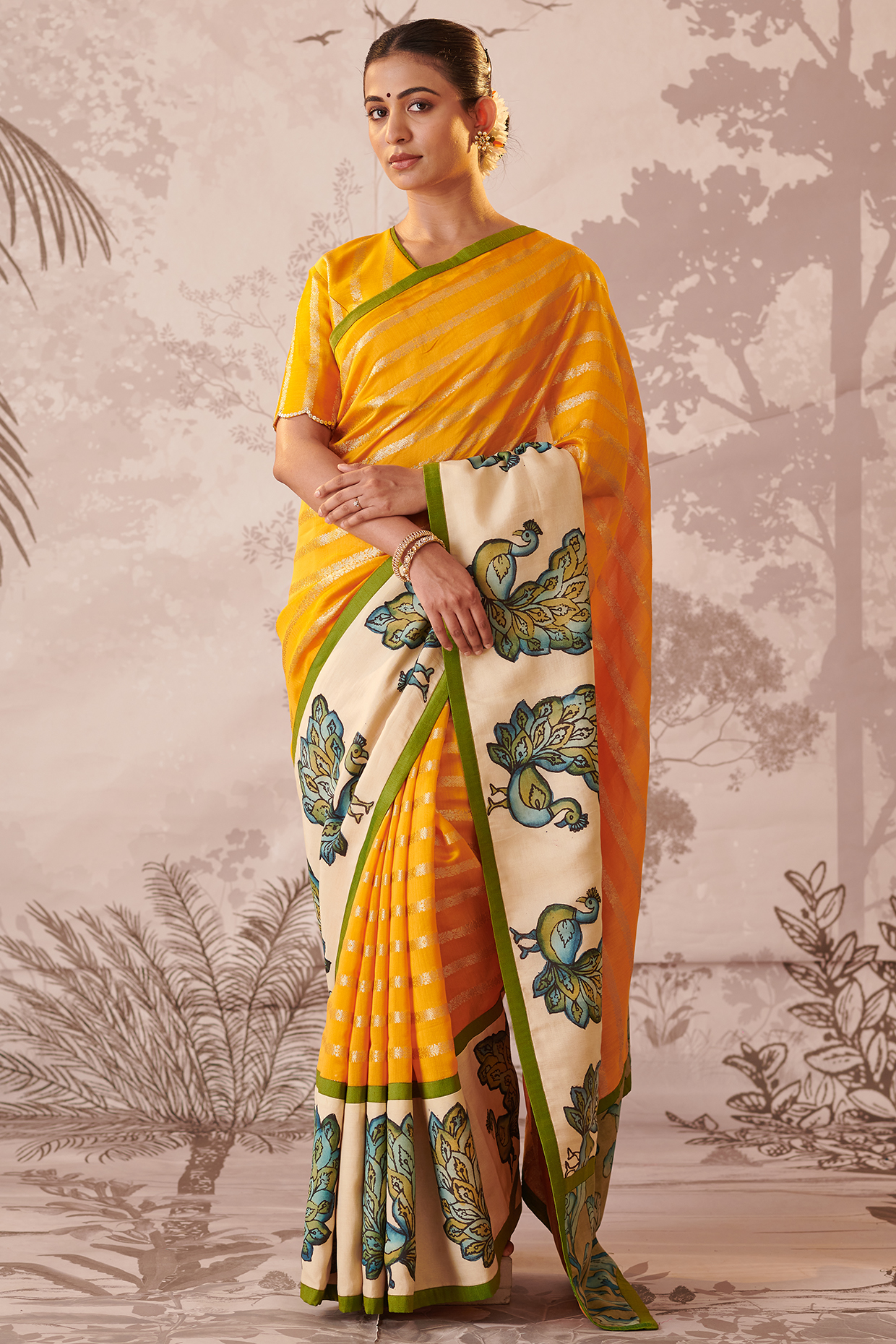 Yellow Banarasi Silk Chanderi Kalamkari Hand-Painted Wedding Saree Set by AAMRA BY LAVANYA at Pernia's Pop Up Shop