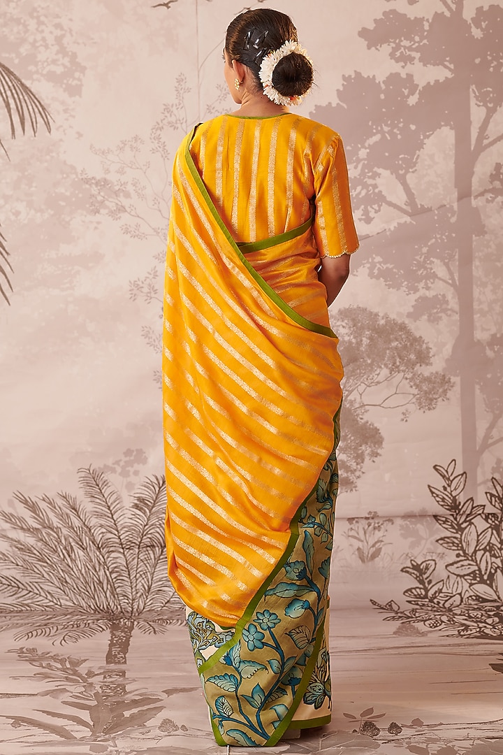 Yellow Banarasi Silk Chanderi Kalamkari Hand-Painted Wedding Saree Set by AAMRA BY LAVANYA at Pernia's Pop Up Shop