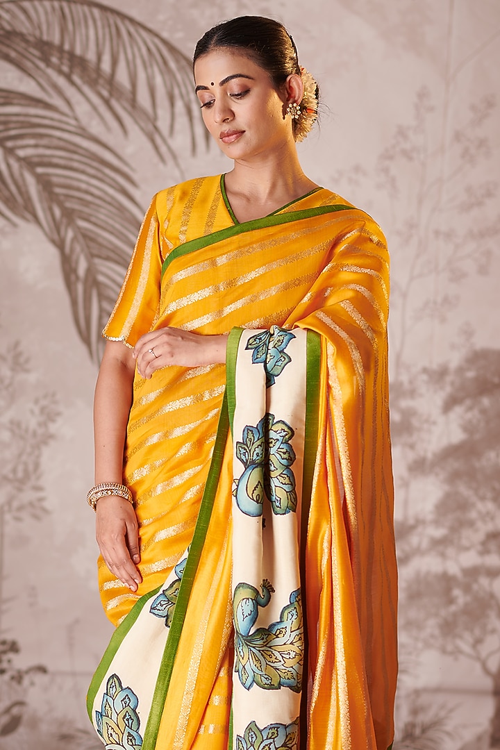 Yellow Banarasi Silk Chanderi Kalamkari Hand-Painted Wedding Saree Set by AAMRA BY LAVANYA at Pernia's Pop Up Shop