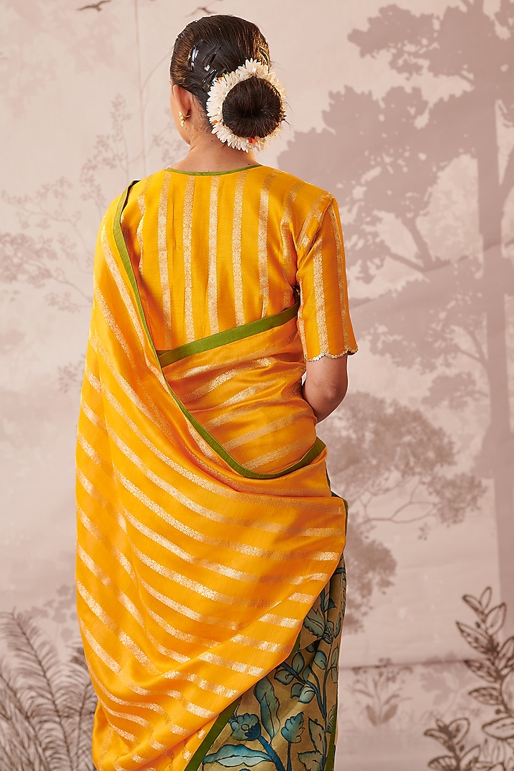 Yellow Banarasi Silk Chanderi Kalamkari Hand-Painted Wedding Saree Set by AAMRA BY LAVANYA at Pernia's Pop Up Shop