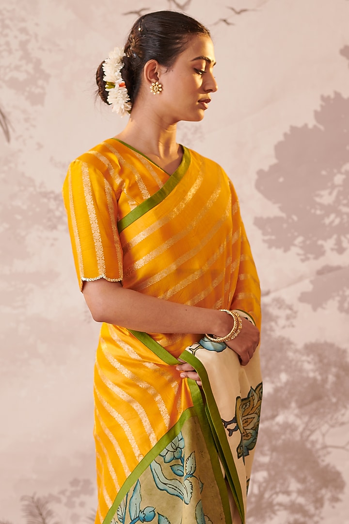 Yellow Banarasi Silk Chanderi Kalamkari Hand-Painted Wedding Saree Set by AAMRA BY LAVANYA at Pernia's Pop Up Shop