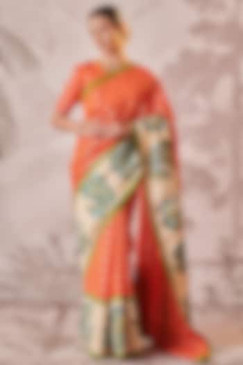 Orange Banarasi Silk Chanderi Kalamkari Hand-Painted Wedding Saree Set by AAMRA BY LAVANYA at Pernia's Pop Up Shop