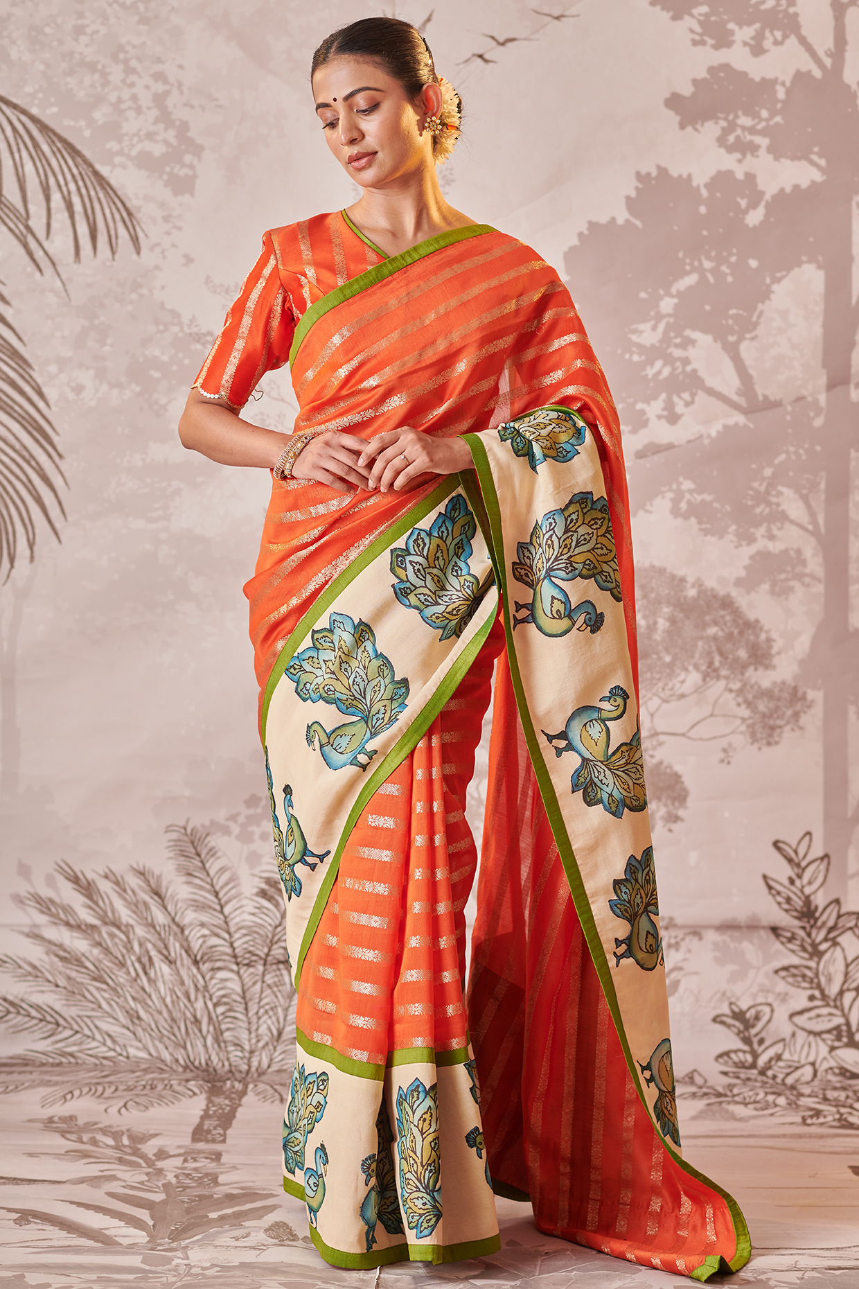 Orange Banarasi Silk Chanderi Kalamkari Hand-Painted Wedding Saree Set by AAMRA BY LAVANYA at Pernia's Pop Up Shop
