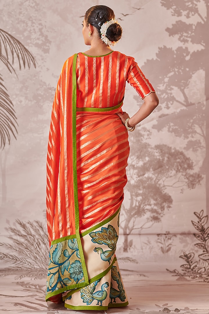 Orange Banarasi Silk Chanderi Kalamkari Hand-Painted Wedding Saree Set by AAMRA BY LAVANYA at Pernia's Pop Up Shop