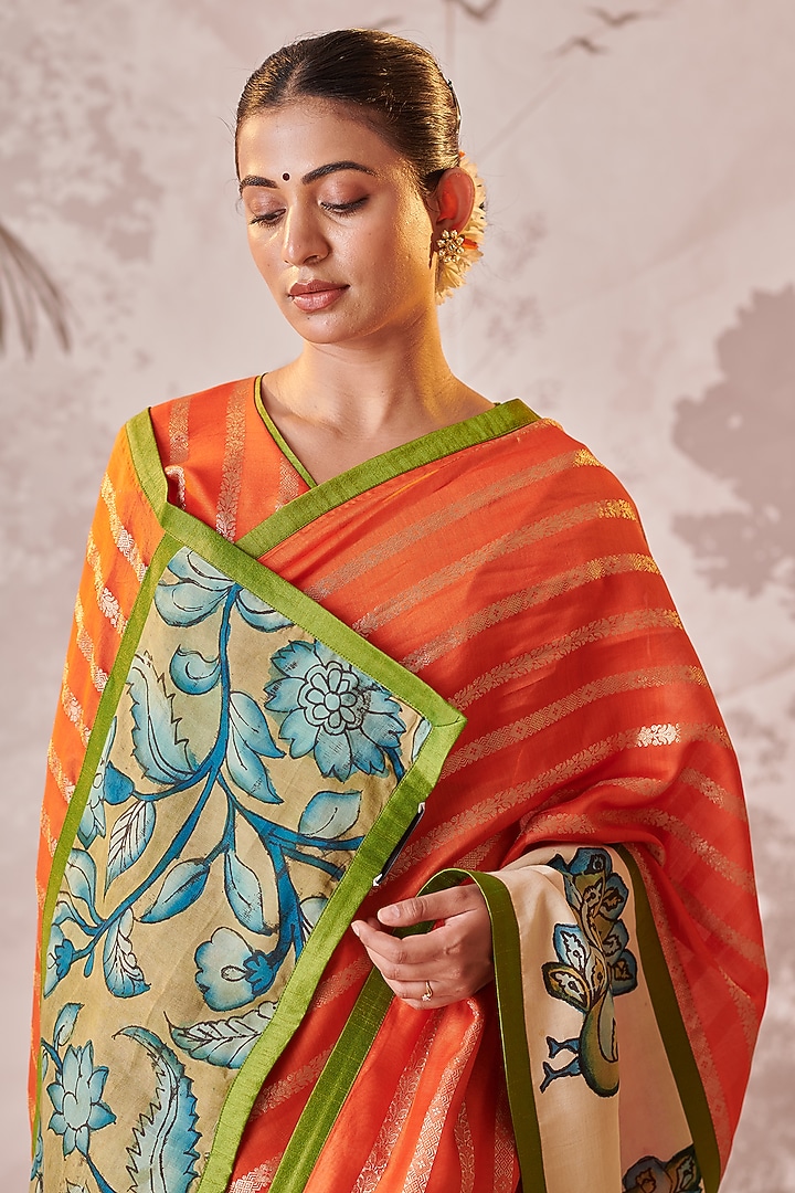 Orange Banarasi Silk Chanderi Kalamkari Hand-Painted Wedding Saree Set by AAMRA BY LAVANYA at Pernia's Pop Up Shop